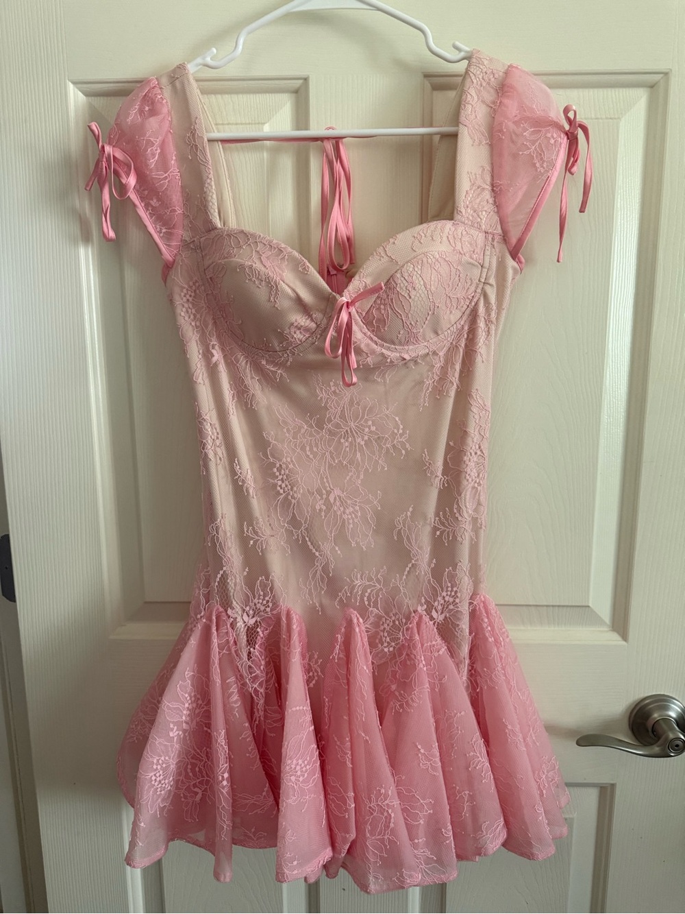 Sugar Thrillz Pale Pink Lace Ruffled Mini Dress